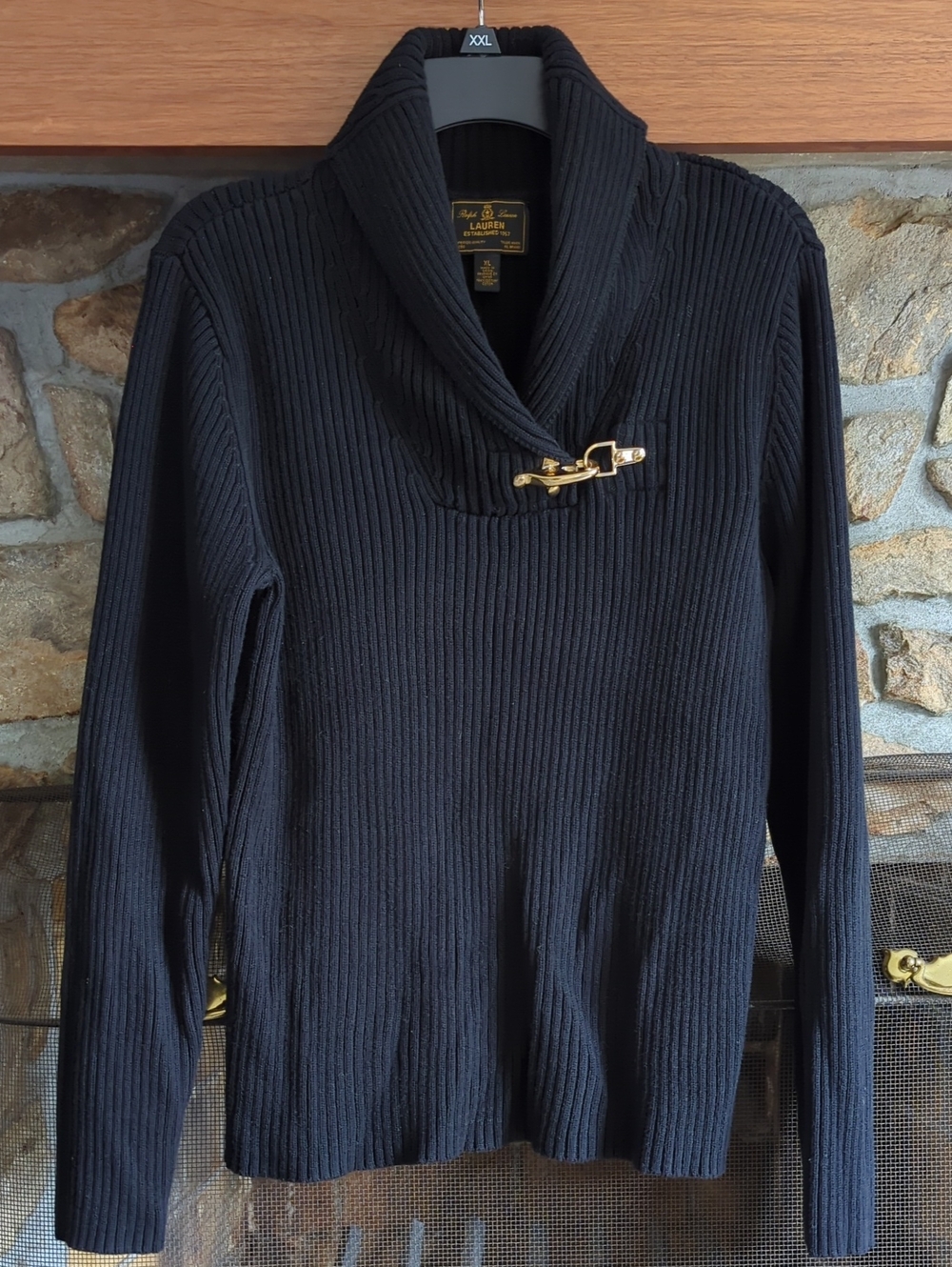 Ralph Lauren Lauren Black Cotton Shawl Neck Sweater With Gold Buckle